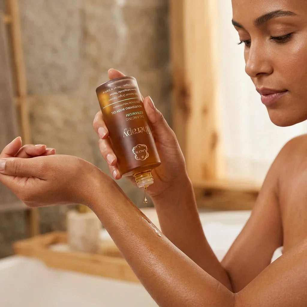 A woman applying nourishing geranium balancing body oil to her arm in a bathroom.