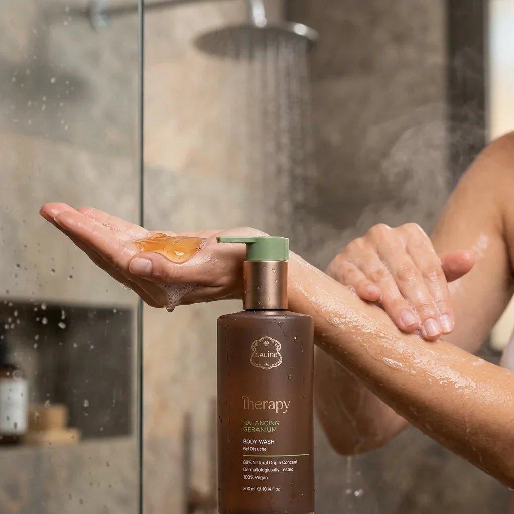 Person using La Linea Therapy Balancing Geranium Body Wash in a shower setting