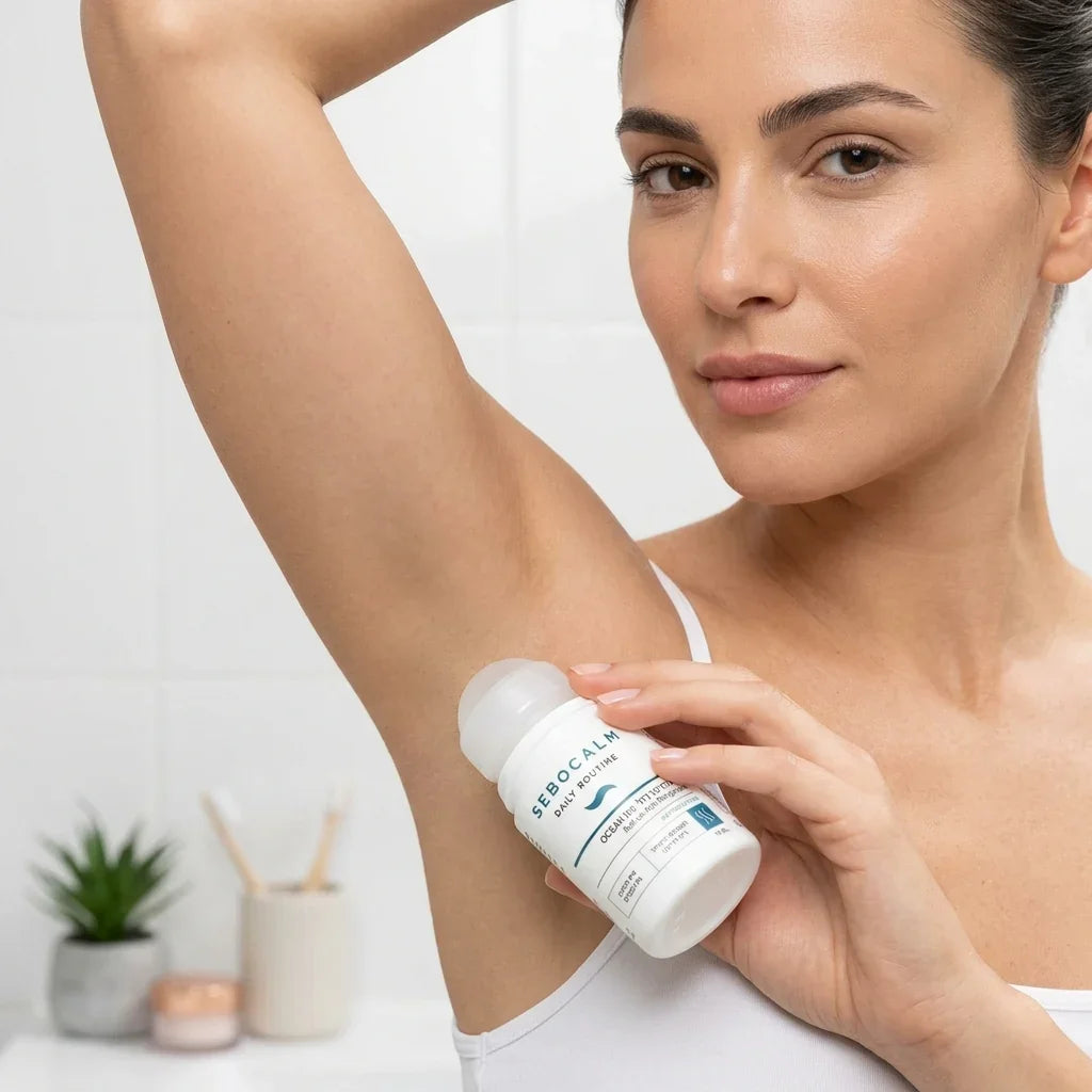 Woman applying Sebocalm Daily Routine skincare product to her underarm in a bright bathroom.