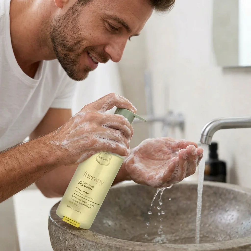 A man washing his hands with LALIDI Therapy Balancing Geranium hand soap at a bathroom sink.