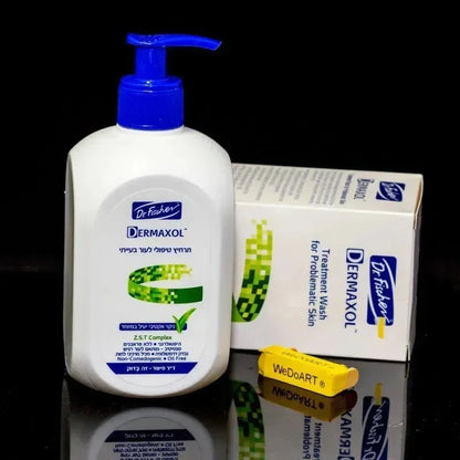 Dr. Fischer Dermaxol facial wash 500 ml bottle with the carton angled behind it