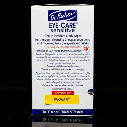 Back panel of the Dr. Fischer EYE-CARE SENSITIVE eye care wipes box with the instructions