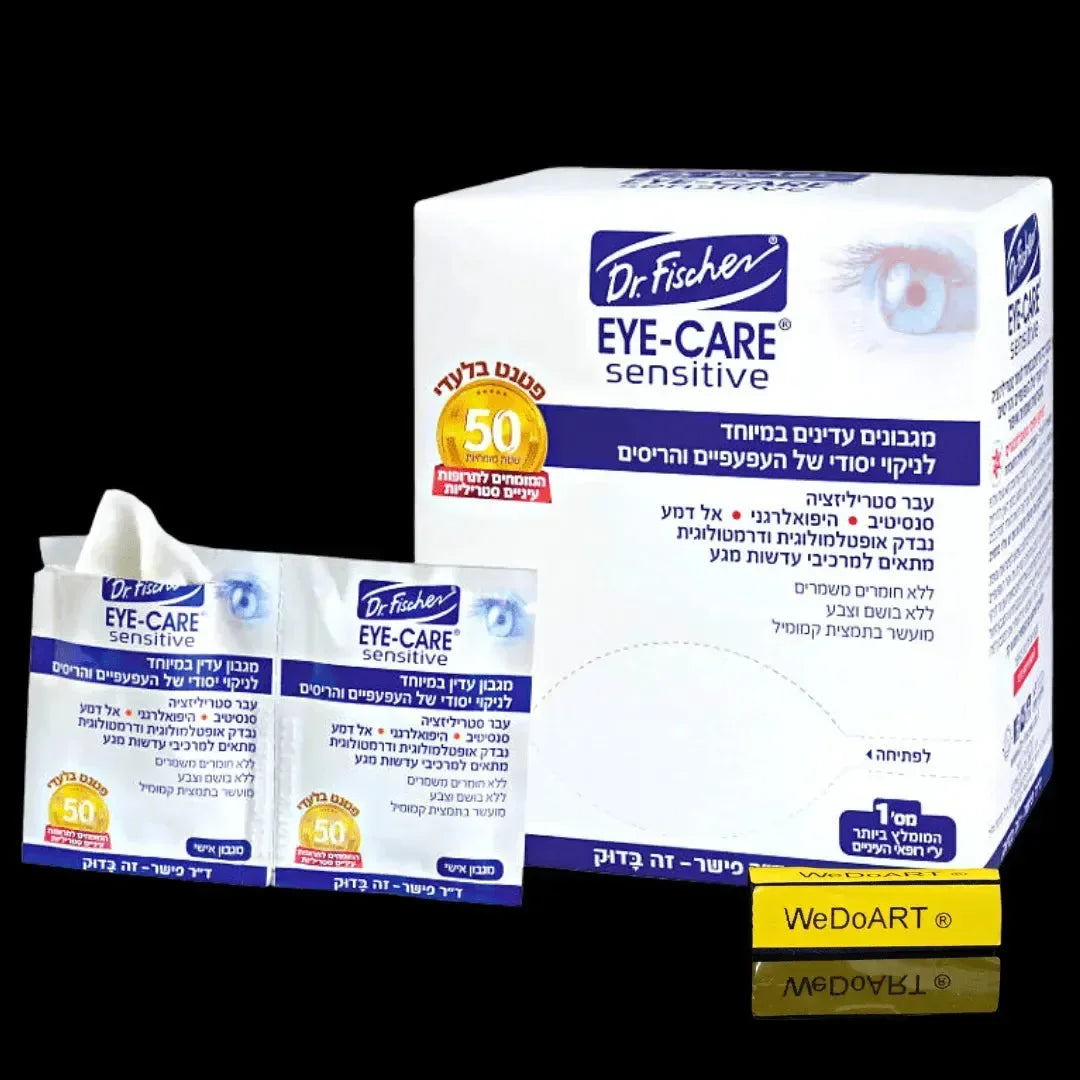 Dr. Fischer EYE-CARE SENSITIVE eye care wipes box with sachets stacked in front