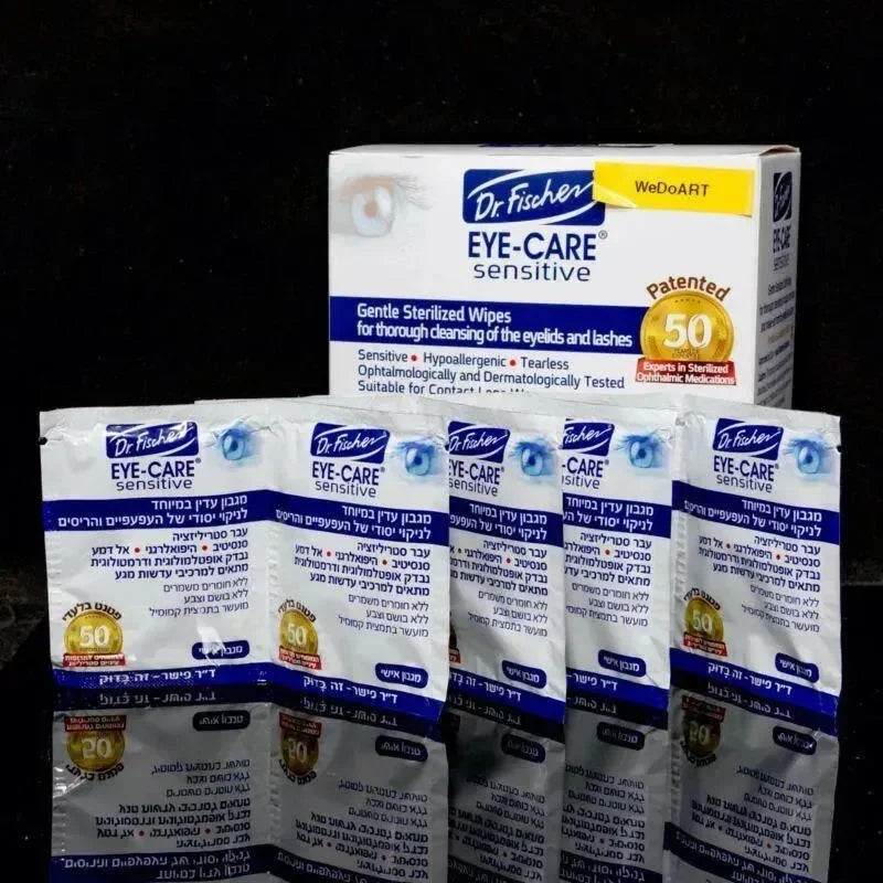 Group of Dr. Fischer EYE-CARE SENSITIVE eye care wipe boxes arranged together