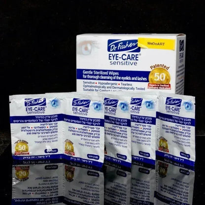 Group of Dr. Fischer EYE-CARE SENSITIVE eye care wipe boxes arranged together