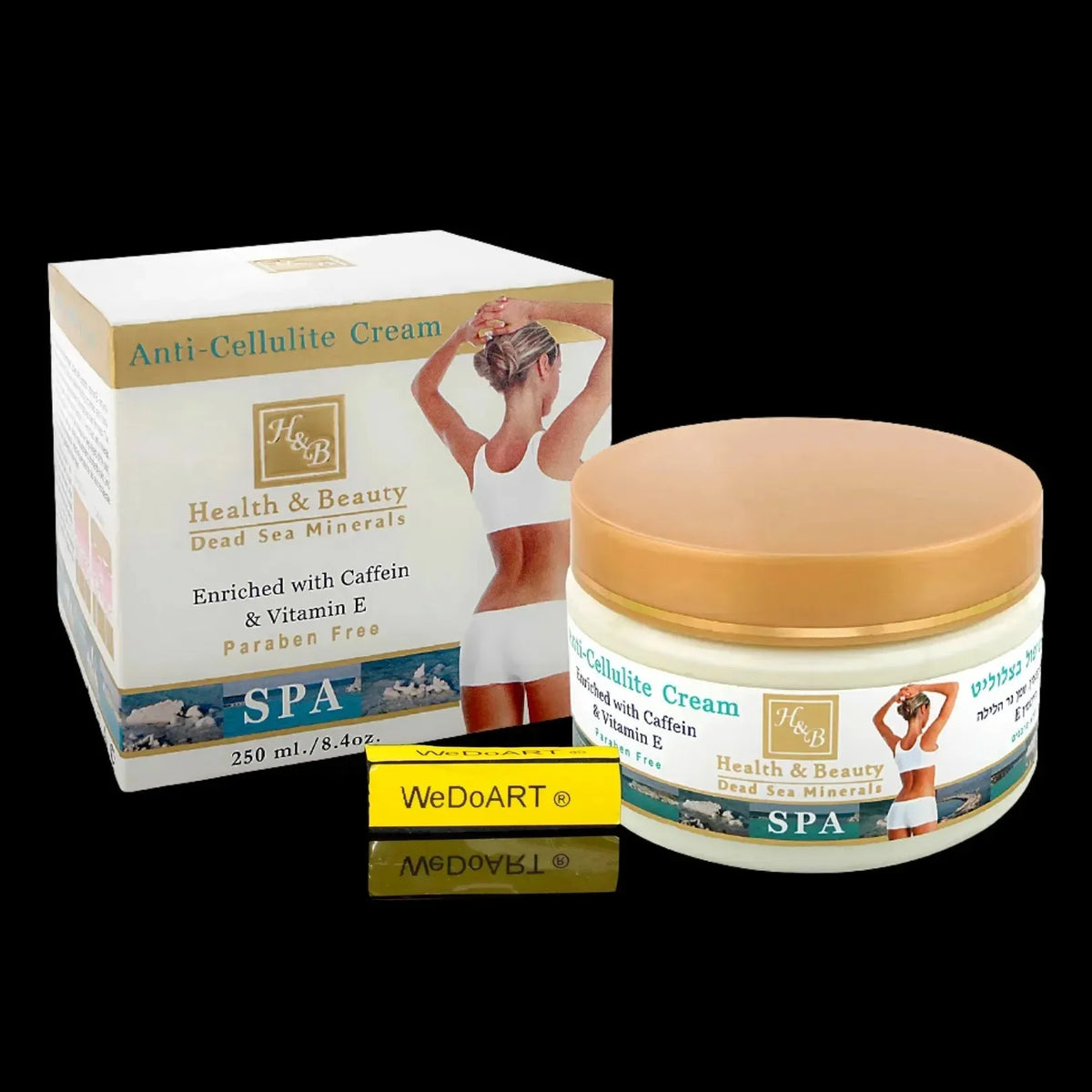 Health & Beauty Dead Sea Minerals anti-cellulite cream 250 ml jar next to its box, enriched with caffeine and vitamin E