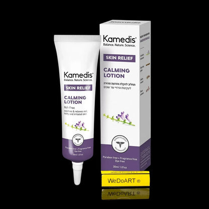 Kamedis SKIN RELIEF Calming Lotion 30 ml tube standing next to its purple and white carton