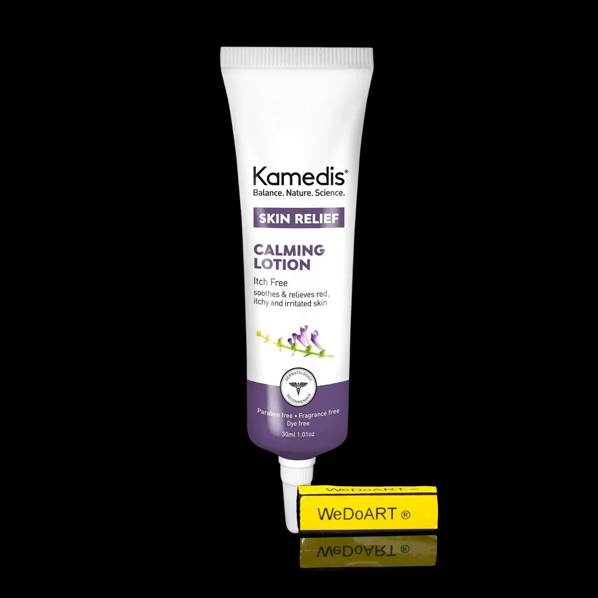Close-up of the Kamedis Calming Lotion tube reading Itch Free, soothes and relieves red, itchy and irritated skin