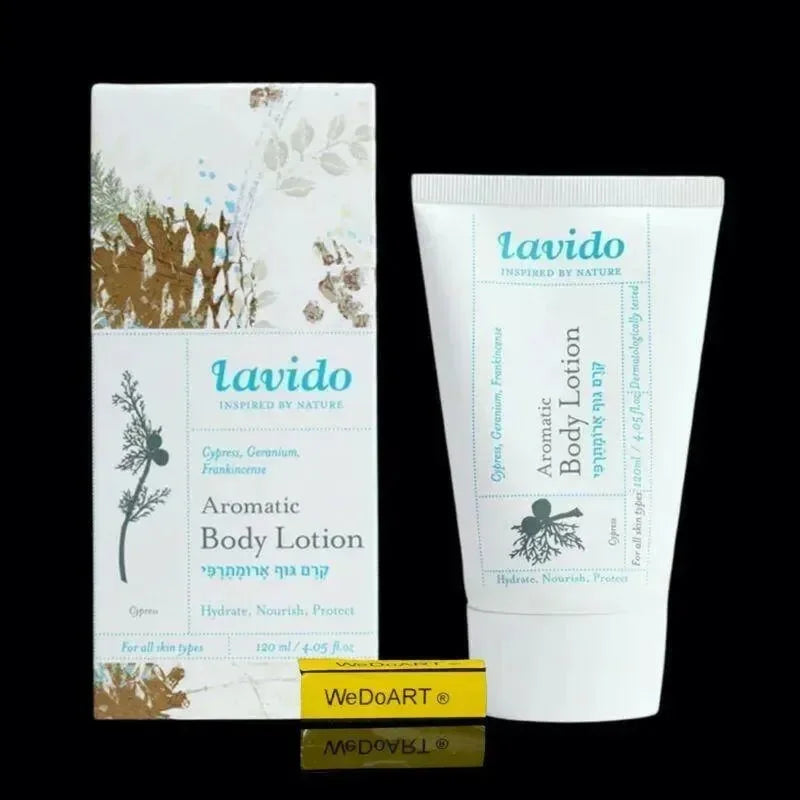 LAVIDO aromatherapy body lotion with cypress and geranium, 120 ml bottle, main product photo