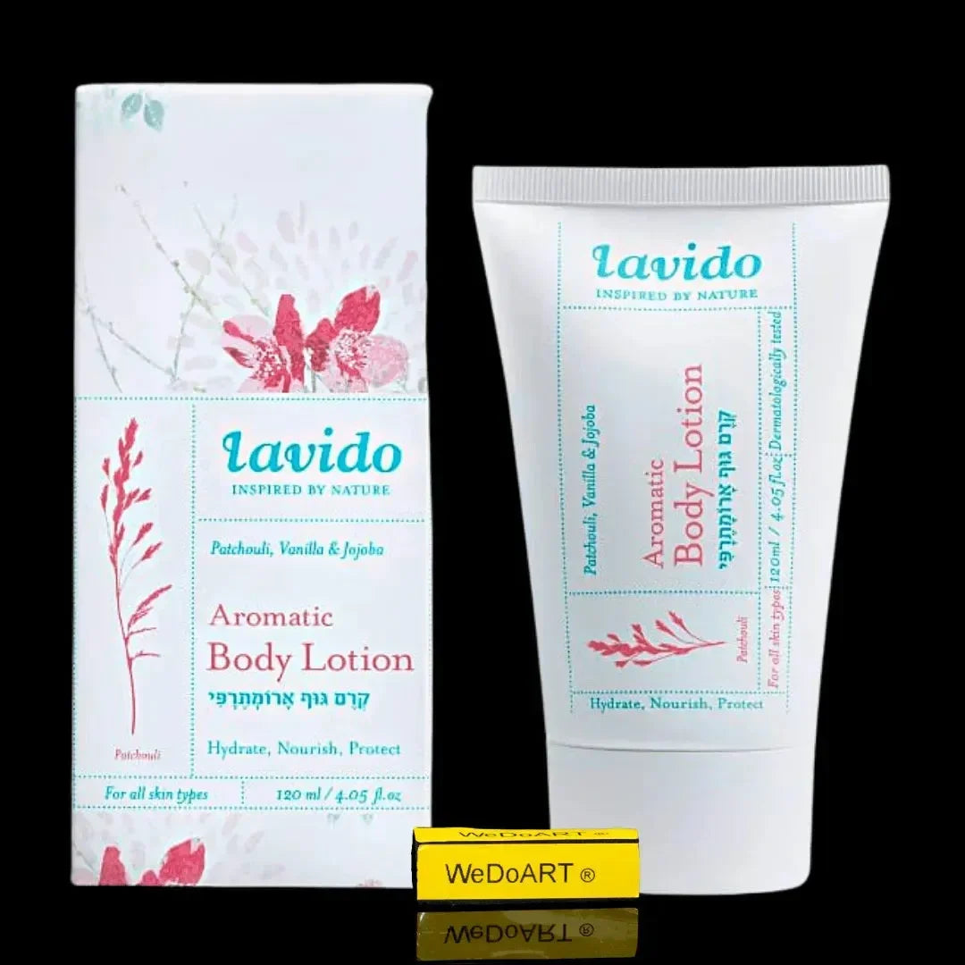 LAVIDO aromatherapy body lotion with patchouli and vanilla, 120 ml bottle, main product photo