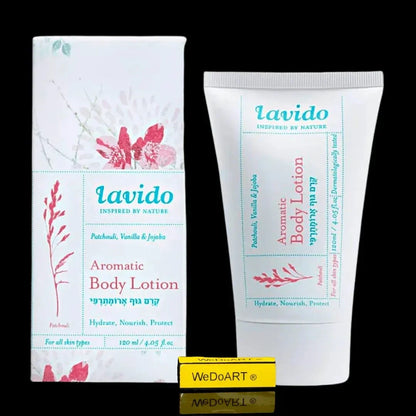 LAVIDO aromatherapy body lotion with patchouli and vanilla, 120 ml bottle, main product photo