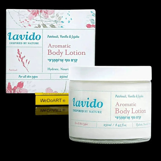 LAVIDO Patchouli & Vanilla Aromatic Body Lotion 250 ml, front view of the bottle