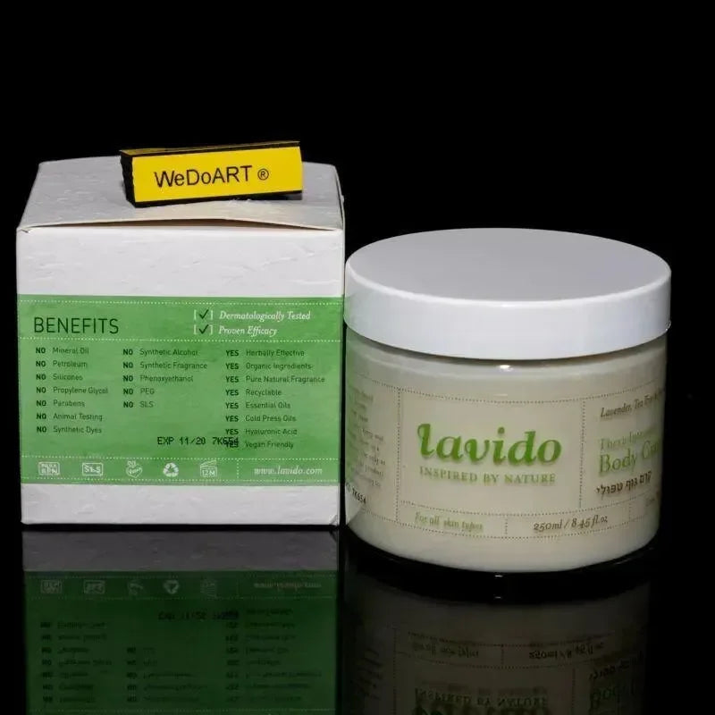 LAVIDO Intensive Body Cream carton and open jar side by side