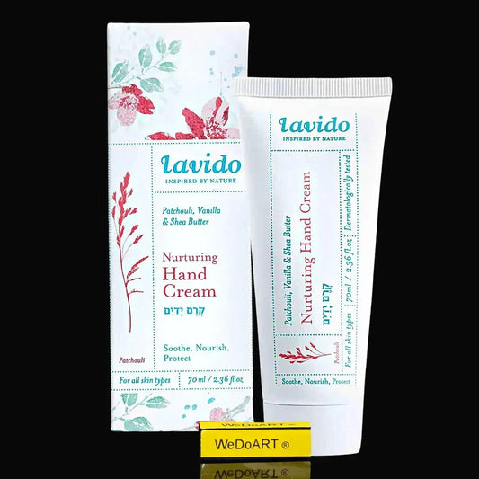 Lavido Nurturing Hand Cream with Vanilla, Patchouli and Shea Butter in a 70 ml tube.