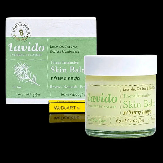 Lavido intensive skin balm with shea, tea tree, and lavender, 60 ml jar, front view