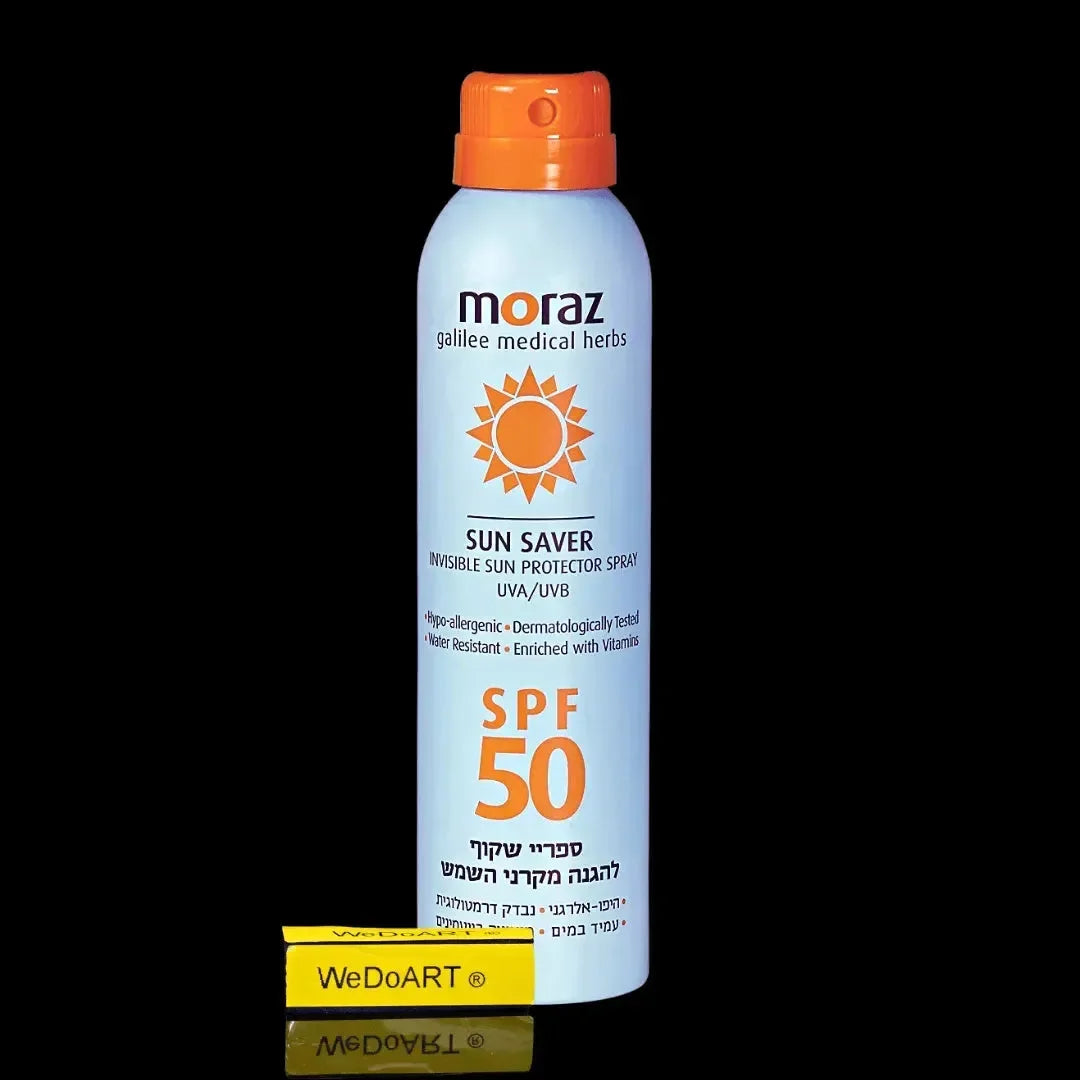 Moraz Sun Saver invisible sun protector spray SPF50, light blue 200 ml bottle with an orange cap