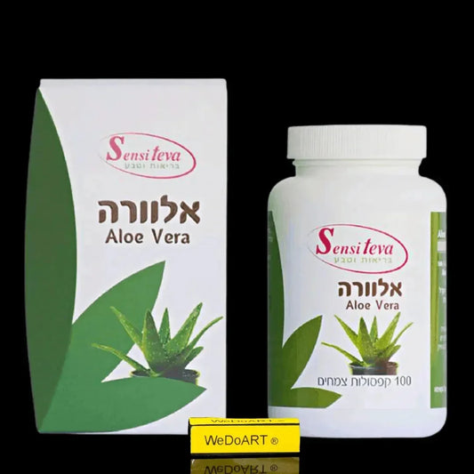 Sensiteva Aloe Vera 500 mg white box and bottle of 100 vegetable capsules with a green aloe plant design